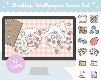 Süße Bär & Katze Desktop Hintergrund mit Icons - Beeren Toast (Digitaler Download)
