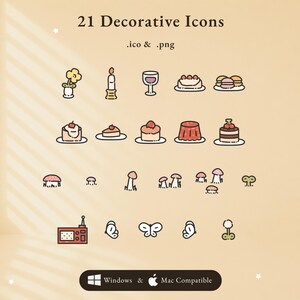 May include: A digital collection of 21 decorative icons in .ico and .png formats, featuring illustrations of flowers, candles, wine glasses, cakes, pastries, mushrooms, a radio, and butterflies, with Windows and Mac compatibility text.