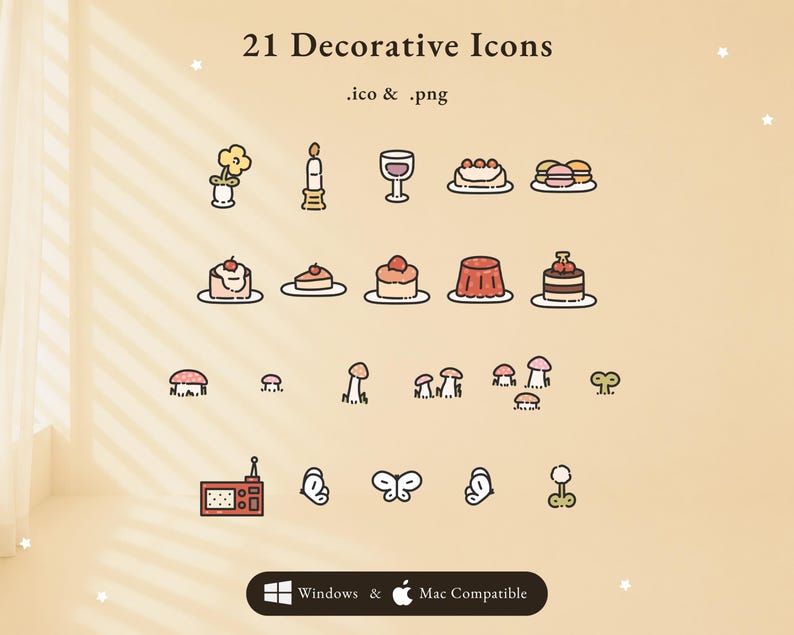 May include: A digital collection of 21 decorative icons in .ico and .png formats, featuring illustrations of flowers, candles, wine glasses, cakes, pastries, mushrooms, a radio, and butterflies, with Windows and Mac compatibility text.