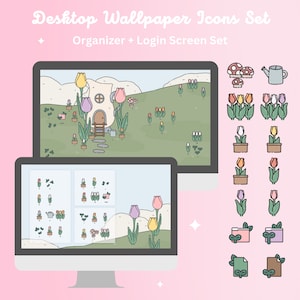 May include: A set of digital desktop wallpaper icons featuring a whimsical cottage, flowers, and gardening tools. The icons are in a cartoon style with pastel colors. The set includes a login screen and organizer icons.