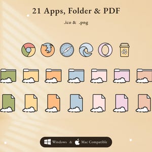 Op de afbeelding: Een digitale iconenset getiteld 21 Apps, Folder & PDF in .ico & .png formaten. Het bevat kleurrijke browsericonen, mappen en documentbestanden met wolkaccenten, plus een Windows & Mac Compatible label onderaan op een lichte achtergrond.