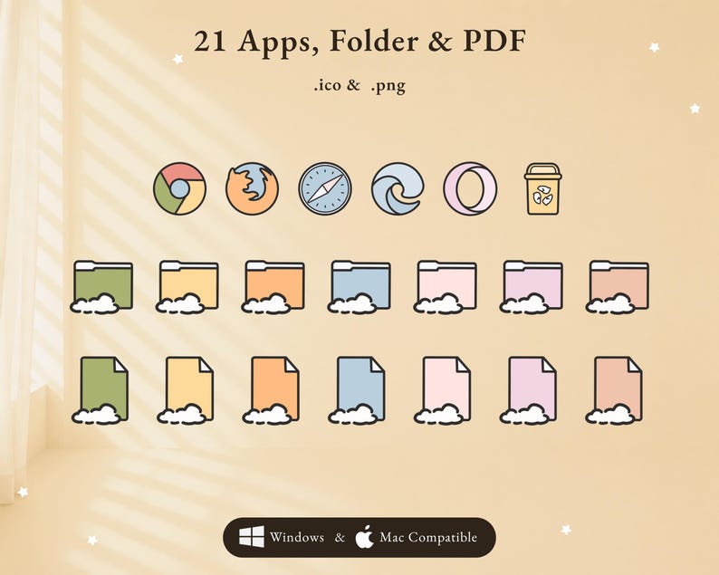 Op de afbeelding: Een digitale iconenset getiteld 21 Apps, Folder & PDF in .ico & .png formaten. Het bevat kleurrijke browsericonen, mappen en documentbestanden met wolkaccenten, plus een Windows & Mac Compatible label onderaan op een lichte achtergrond.