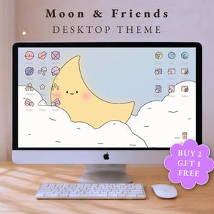 Peut inclure: Un écran d'ordinateur affichant un thème de bureau Moon & Friends avec un fond bleu clair, un grand croissant de lune jaune avec des joues roses reposant sur des nuages blancs, et diverses icônes pastel pour les dossiers et applications.