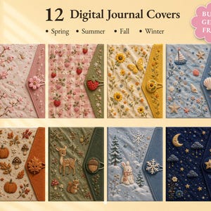 May include: A collection of 12 digital journal covers featuring seasonal embroidery designs including flowers, strawberries, sunflowers, nautical elements, pumpkins, forest animals, winter scenes, and celestial motifs with button closures.
