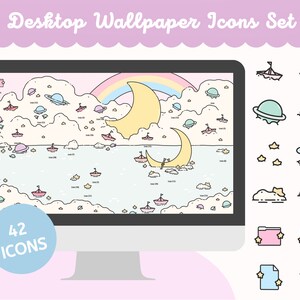 May include: A computer monitor displays a whimsical desktop wallpaper with a pastel sky, moon, boats, and planets. The image includes a set of 42 icons, with additional icons to the right of the monitor. Text at the top reads "Desktop Wallpaper Icons Set."