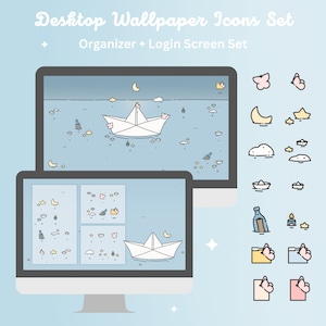 Fondo de pantalla para computadora de escritorio con iconos de carpetas y Windows y Mac: Barco de papel, nubes y estrellas en el océano - WallpaperGals