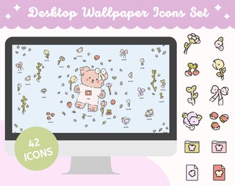 Cute Bear Desktop Wallpaper - Blumenteich-Thema, 42 Icons (Digitaler Download)