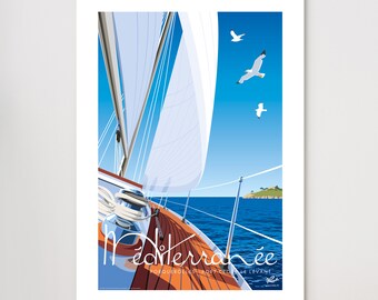 May include: A colourful illustration of a sailboat with a white sail, a blue sky, and seagulls flying overhead. The text "Méditerranée" is written in a cursive font on the deck of the boat, with the words "Porquerolles Port Cros Le Levant" written below it.