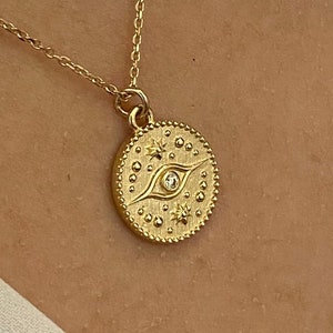 Turandoss Gold Necklaces for Women - 14K Gold Plated Lock Evil Eye Medallion Vintage Coin Necklace Bee Sun Moon Shell Gold Chain Necklace Layered