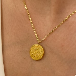 14k Gold Evil Eye Necklace, Gold Evil Eye Pendant, Gold Eye Necklace,Dainty Minimalist Evil Eye Medallion,Custom Handmade,Gift for Her