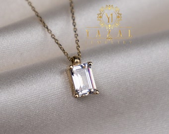 14K Solid Gold Baguette Diamond Charm, Square Diamond Pendant, Cubic Zircon with Gold, Minimalist Handmade Necklaces, Modern, Gift for Her,