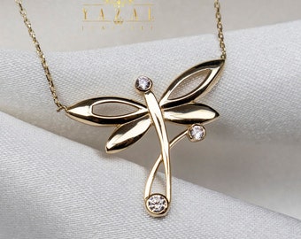 14K Gold Dragonfly Pendant Necklace, Gold Dragonfly Charm, Handmade Custom Necklace, Symbol of Strength, Gift for Her, Valentines Day