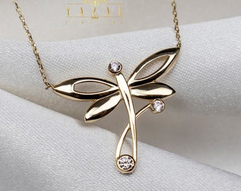 Collana ciondolo libellula oro 14k, fascino libellula oro, collana personalizzata fatta a mano, simbolo di forza, regalo per lei, giorno di San Valentino