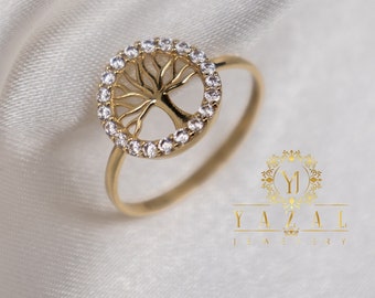 14K Gold Tree of Life Ring, Minimalist Ring, Real Gold Ring, Gift for Women, Hand Woven Band