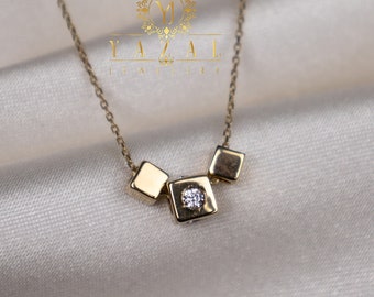 14K Gold Cube Necklace, Stone Necklace, Geometric Necklace, Dainty Pendants, Minimalist jewelery, Woman Necklace