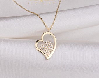 Colgante de corazón de oro de 14K, collar de amor, regalo para sus colgantes delicados, joyas minimalistas, collar de mujer