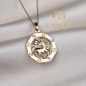 14K Schütze Sternzeichen Halskette, Sternzeichen Halskette, 14K Gold Sternzeichen, Astrologie Halskette, handgemachte Schütze Sternzeichen Halskette