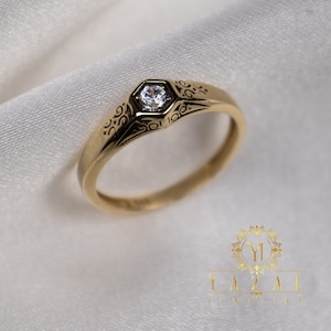 14K Gold Single Stone Angular Ring, Minimalist Ring, Real Gold Ring, Gift for Women, Hand Woven Band