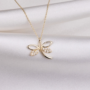14K Gold Dragonfly Pendant Necklace, Gold Dragonfly Charm, Handmade Custom Necklace, Symbol of Strength, Gift for Her, Valentines Day