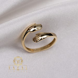 14K Hugging Ring, 14k Solid Gold Hugging Hands, 14k Love Hugging Ring for Couple, Hand Woven Band