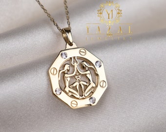 Real 14k Solid Gold Gemini Zodiac Necklace,Astrology Pendant,Horoscope Necklace,Gemini Zodiac Sign Jewelry,Gemini Birthday Gift,
