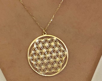 14K Gold Flower of Life Necklace, Sacred Geometry Mandala, Minimalist Merkaba Pendant, Tribal Medallion, Symbol of Perun, Gift for Her, Mom