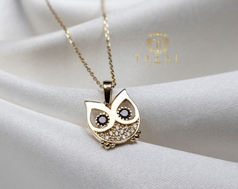 14K Gold Owl with Diamond Necklace, Diamond Night Owl Pendant Necklace, Dainty Gold Owl Necklace, Diamond Necklace, Gift for Her