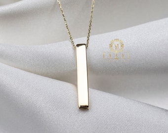 14K Gold 3D Vertical Bar Necklace, Engraved Custom Name Necklace, Gift For Family, Personalized Engrave 4 Side Necklace, Custom Name Jewelry