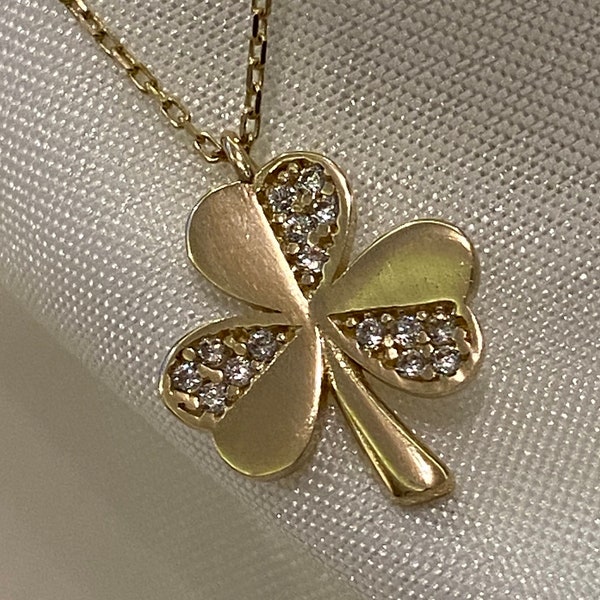 14K Solid Gold Three Leaf Clover with Diamonds Pendant, Lucky Clover Necklace, Handmade Shamrock Necklace, Minimalist, Gift for Her, GoldArt