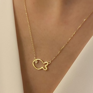 14K Solid Gold Fish Necklace, Gold Fish Symbol of Luck, Fish Eye Necklace, Handmade Necklaces, Fish Charm, Fish Pendant, Gift for Her,Dainty