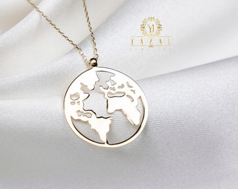 14K Gold Earth Necklace, World Map Necklace, Globe Necklace, World Necklace, Dainty Necklace, Minimalist Travel Necklace,