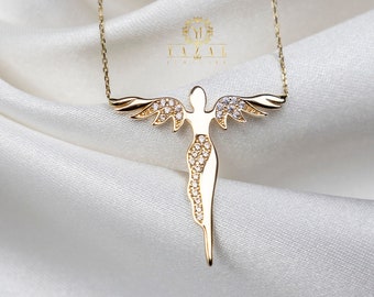 14K Gold Engel Anhänger, Engel Halskette, Engel mit Diamant, Geschenk für Mädchen, Flügel Charm, eleganter Anhänger, Minimalist Schmuck, Damen Halskette