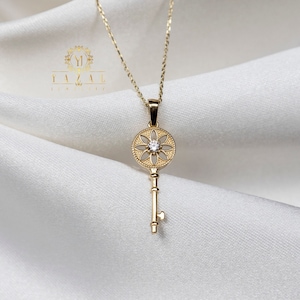 14K Gold Key Pendant, Key Necklace, Key to the Heart, Gift for Girl, Love Necklace, Elegant Pendant, Minimalist Jewelry, Women&#39;s Necklace