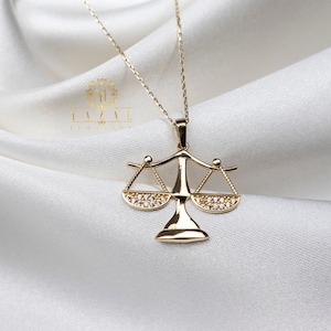 14k Solid Gold Scale of Justice Pendant, Gold Libra Zodiac Charm, Gold Justice Necklace, Handmade Custom, Minimalist, Gift for Her, Gold Art