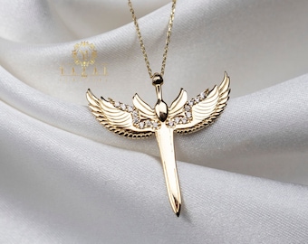 14K Gold Engel Anhänger, Engel Halskette, Engel mit Diamant, Geschenk für Mädchen, Flügel Charm, eleganter Anhänger, Minimalist Schmuck, Damen Halskette