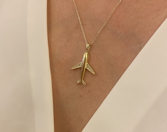 14k Gold Airplane Necklace, Gold Plane Charm,Aviation Staff Gift, Minimalist Handmde, Gift for her, Fine jewelery, Custom necklace