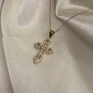 14k Solid Gold Cross with CZ Diamonds Necklace, Solid Gold Cross Pendant, Diamond Cross Charm, Custom Handmade Cross, Cross in Cross, Art