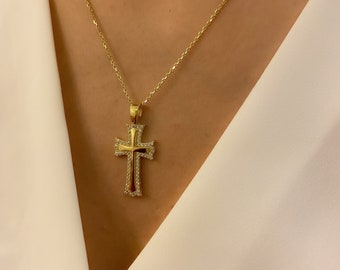 14k Gold Cross with CZ Diamonds Necklace, Gold Cross Pendant, Gold Cross Charm, Custom Handmade Cross Necklace,14k gold cross pendant