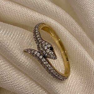 14k Gold Snake Ring, CZ Diamond Snake Ring, Minimalist Stackable Ring, Open Band Ring, Handmade Gold Ring, Gold Snake Jewelry, Gift for Her