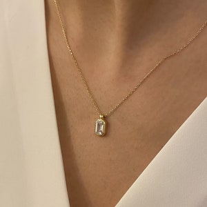 14K Solid Gold Baguette Diamond Charm, Square Diamond Pendant, Cubic Zircon with Gold, Minimalist Handmade Necklaces, Modern, Gift for Her,