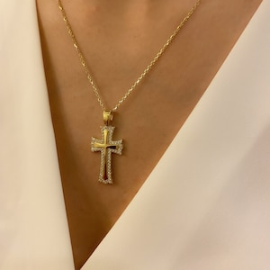 14k Gold Cross with CZ Diamonds Necklace, Gold Cross Pendant, Gold Cross Charm, Custom Handmade Cross Necklace,14k gold cross pendant