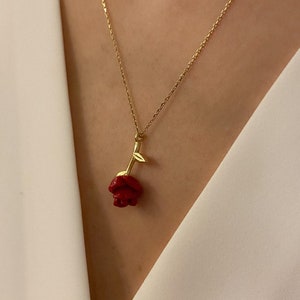 14K Solid Gold Rose Charm Necklace, Dainty Red Rose Pendant, Handmade Gold Flower Necklace, Minimalist Custom Design, Timeless Gift for Her