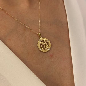 14K Gold Zodiac Pendant Necklace, 14K Aquarius Horoscope Necklace, Custom Handmade Jewelery, Zodiac Necklace, Astrology Necklace image 3