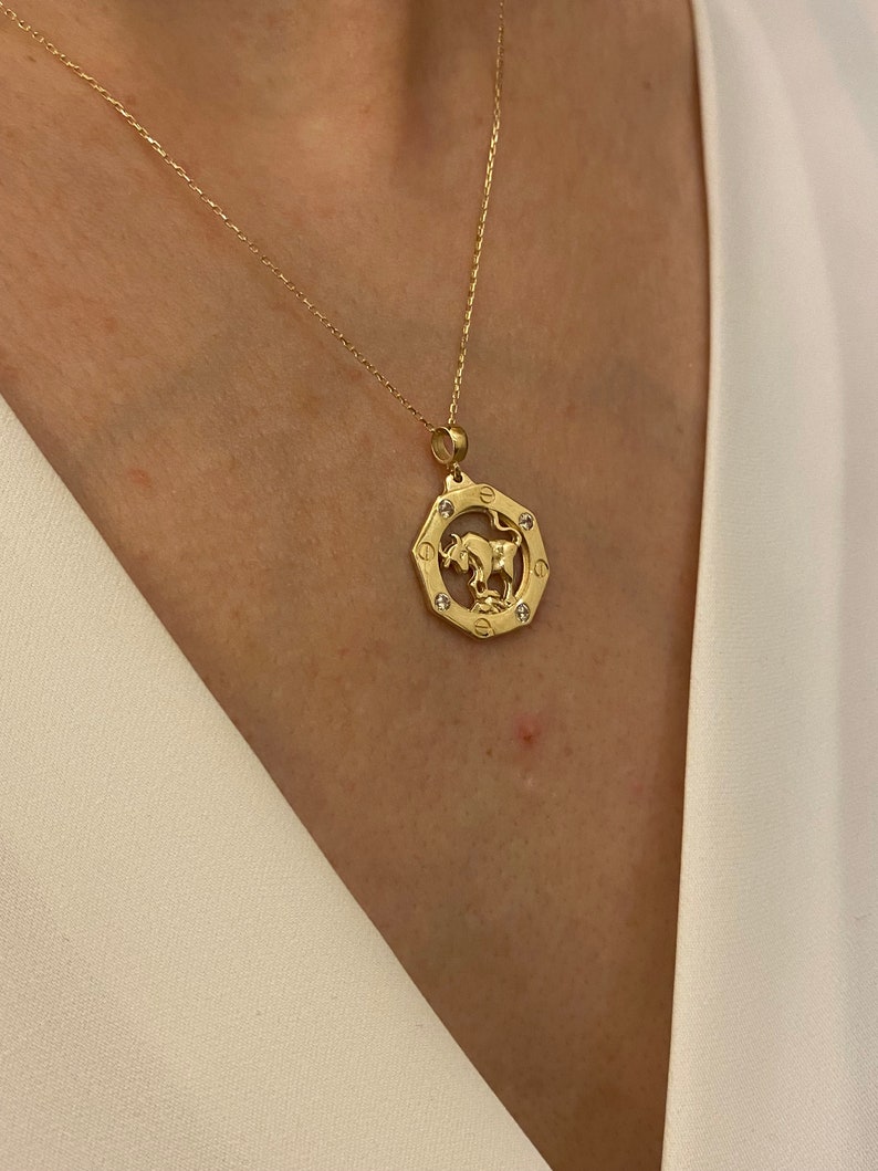 14k Zodiac Necklace,14k Gold Zodiac Charm Necklace,Solid Gold Zodiac Necklace,Custom Zodiac,14k Yellow Gold Bull Taurus Zodiac Sign Charm image 3