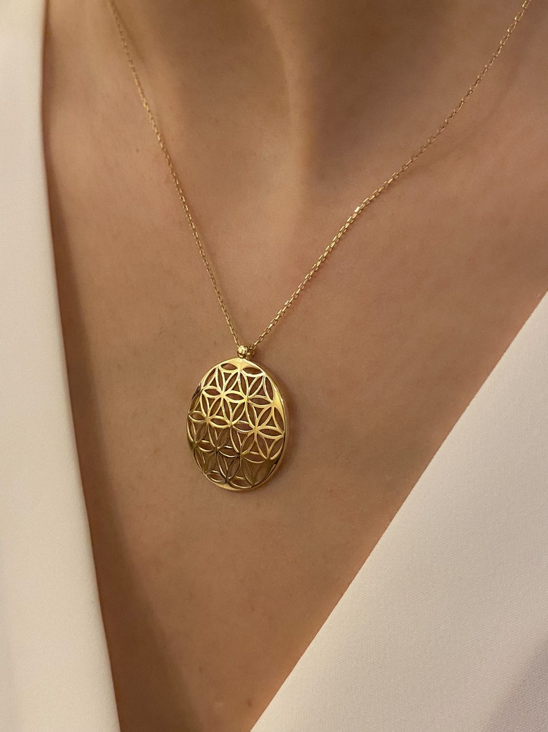 14K Solid Gold Flower of Life Pendant Necklace, Gold Kabbalah Charm, Gold Merkaba Pendant, Handmade Custom Necklace, Gift for her, Gold Art imagem 1