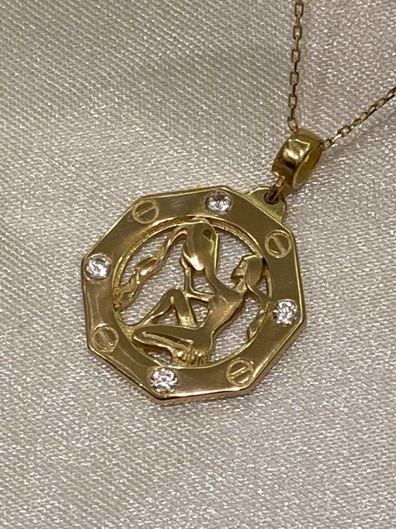 14K Gold Zodiac Pendant Necklace, 14K Aquarius Horoscope Necklace, Custom Handmade Jewelery, Zodiac Necklace, Astrology Necklace image 4