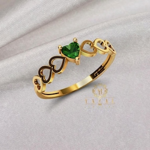 14K Solid Gold Emerald Heart Ring, Dainty Open Heart Band, Green Gemstone Promise Ring, Minimalist Fine Jewelry Gift for Her