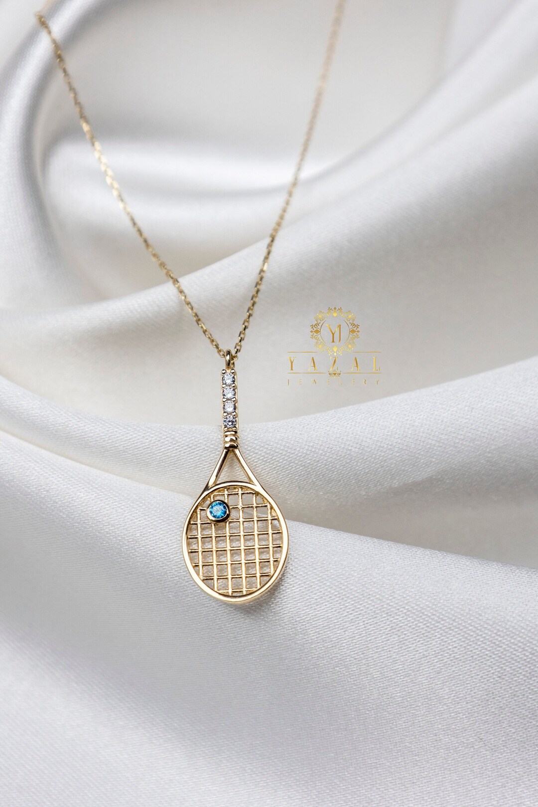 14K Solid Gold Tennis Racket Pendant, Tennis Racquet Necklace, Handmade ...
