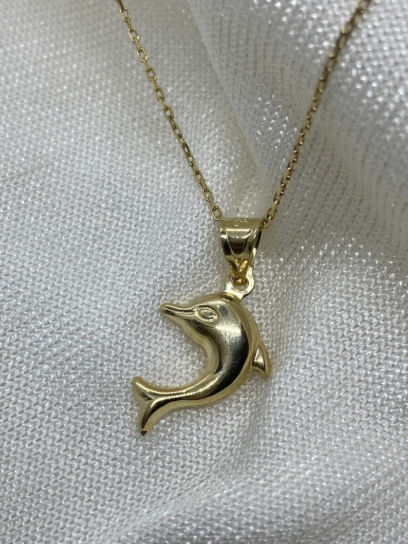 14k Gold Dolphin Necklace, Dolphin Pendant, Surfers Charm, Dolphin Fish Pendant, Valentine's Day Gift, Animal Jewelry, Gift for Her image 2