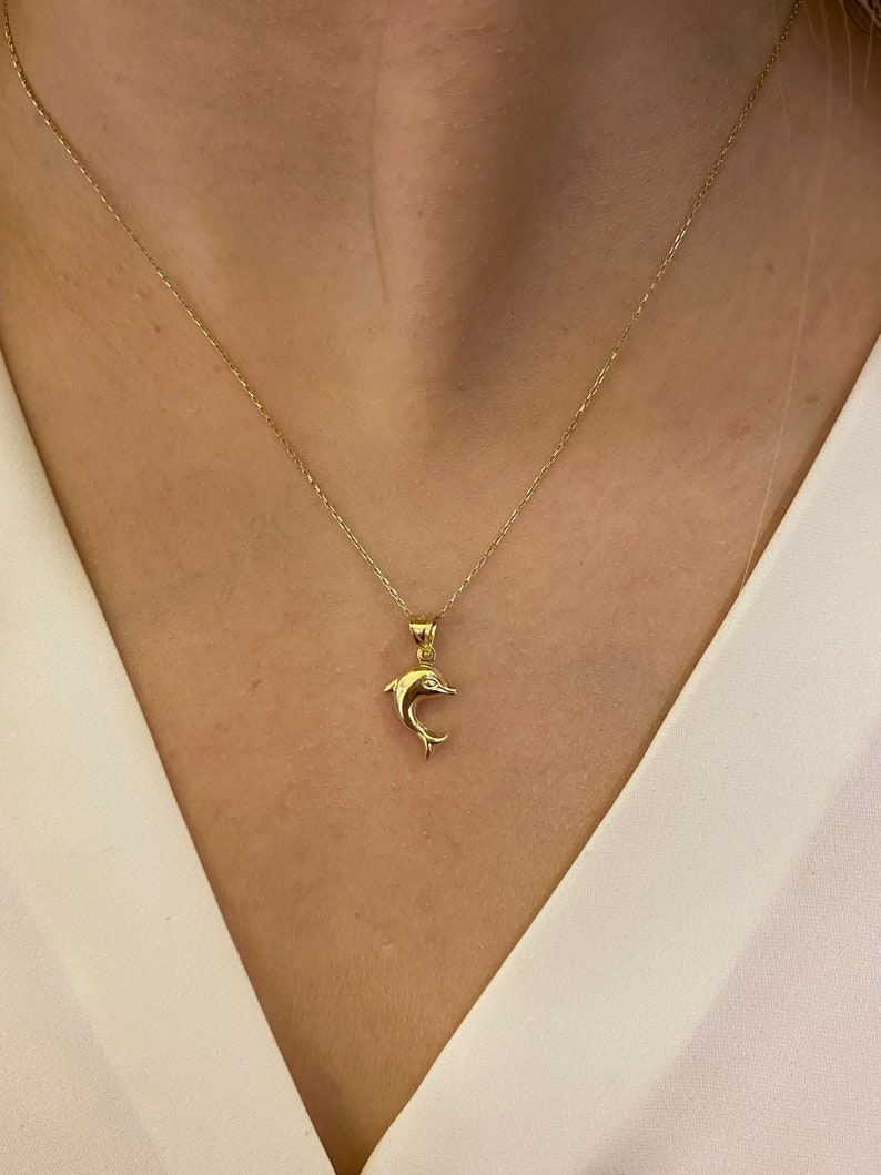 14k Gold Dolphin Necklace, Dolphin Pendant, Surfers Charm, Dolphin Fish Pendant, Valentine's Day Gift, Animal Jewelry, Gift for Her image 1